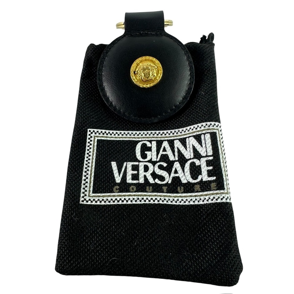 Genuine vintage GIANNI VERSACE Black Leather Key Ring Keychain Medusa 90s